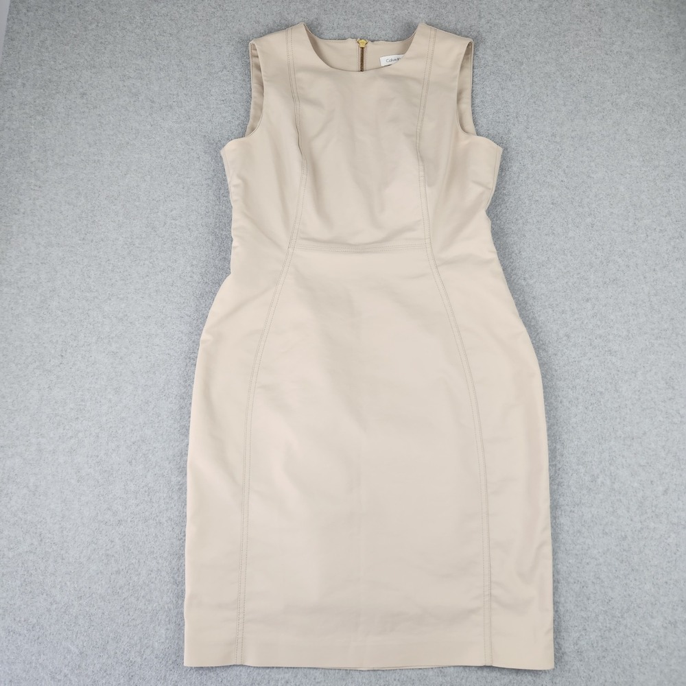 Calvin Klein Dress Womens 10 Beige Sheath Sleeveless Exposed Gold Zipper Career